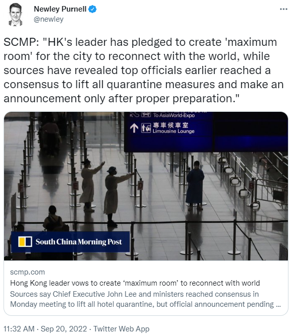 Tweet showing a report that Hong Kong is about to reopen.