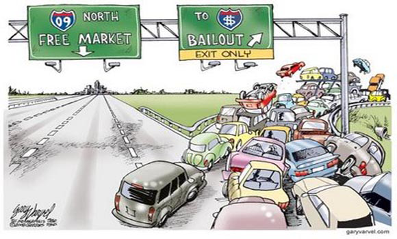 Cartoon showing the rush for bailouts.