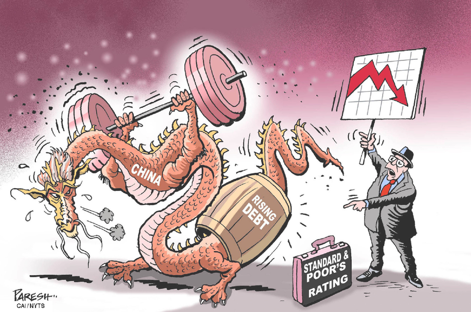 Cartoon showing China's struggling with rising debt.